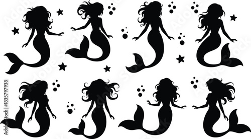 Eight Black Silhouette Mermaids With Flowing Hair and Starfish Bubbles white background fantasy