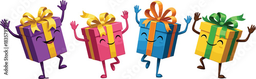 Four cartoon gift boxes with arms and legs waving hello present character
