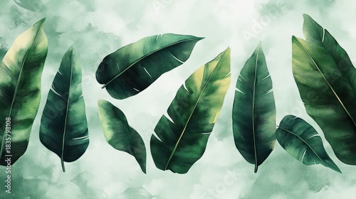 Close-up view of large tropical green leaves arranged in a horizontal line against a soft green textured background evoking a calm natural ambiance