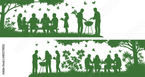 Green silhouettes of families and friends enjoying a barbecue and picnic outdoors family