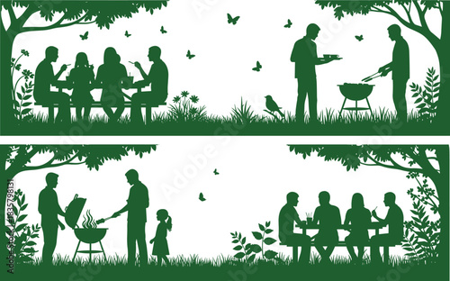 Green silhouette of people enjoying a picnic and barbecue outdoors under trees family friends