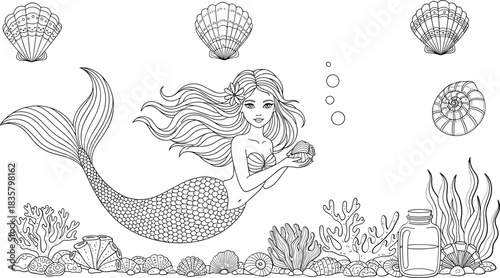 Line art mermaid with flowing hair holding seashell surrounded by ocean elements fantasy mythical creature
