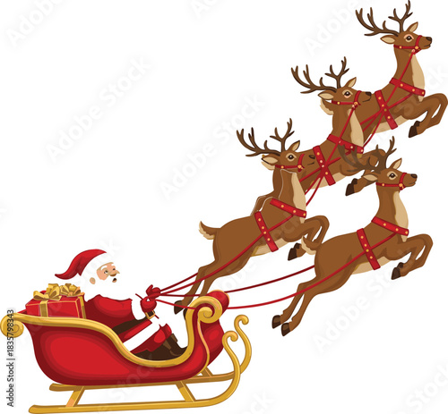 Santa Claus in red sleigh pulled by brown reindeer with red harnesses Christmas