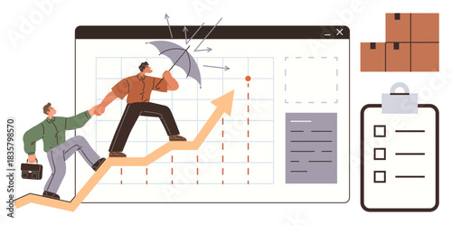 Two individuals climbing a growing arrow, braving challenges with an umbrella, backed by graphs, boxes, and a clipboard. Ideal for teamwork, business strategy, growth, challenges risk management