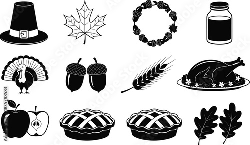 Thanksgiving icons pilgrim hat turkey pie acorns maple leaf wheat and apples vector