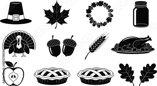 Thanksgiving harvest icons pilgrim hat turkey pie acorns wheat jar apple oak leaves roasted turkey