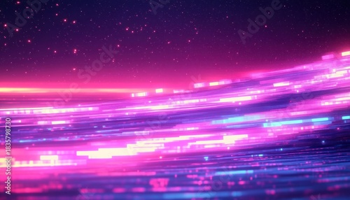Abstract vibrant digital light streaks in pink, purple, and blue tones flowing dynamically against a dark starry background, evoking a futuristic and energetic mood