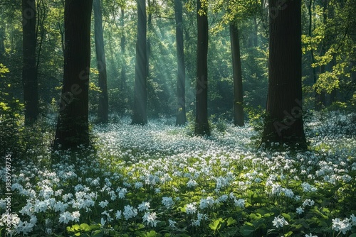 Sunlight filtering through tall trees onto a dense carpet of white flowers covering the forest floor, creating a serene and magical atmosphere