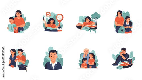 Diverse group of people engaged in learning, family moments, and professional endeavors showcasing modern lifestyle elements