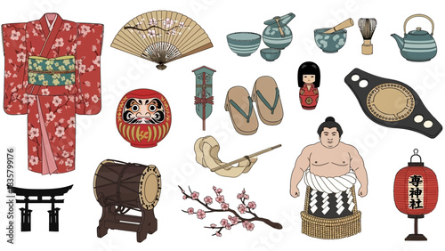 Vibrant collection of traditional Japanese cultural icons perfect for travel and heritage projects
