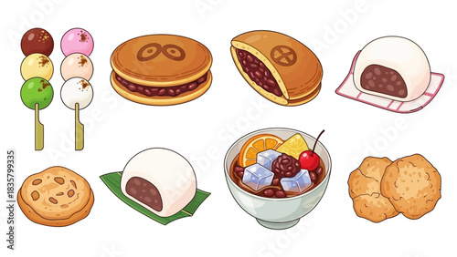 Vibrant collection of traditional Japanese wagashi sweets beautifully illustrated for culinary design projects