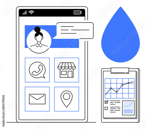 Mobile communication, business management, digital marketing, interface design, analytics, data tracking. Smartphone display with contact icons and clipboard graph. Mobile communication and business