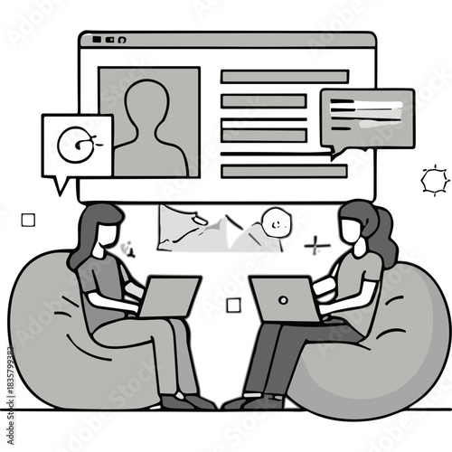 Two women collaborating on laptops while sitting on beanbag chairs with a digital interface displaying user profiles and data charts overhead monochrome illustration