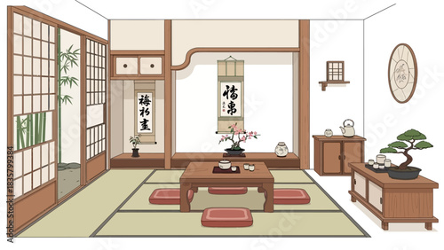 Serene traditional Japanese tea room setting with tatami mats and elegant bonsai for mindful moments