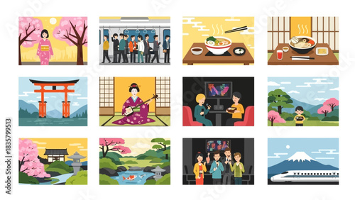 Vibrant collection showcasing iconic Japanese culture traditional landmarks food and modern city life experiences