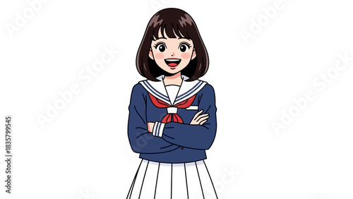 Cheerful Japanese high school girl in traditional sailor uniform stands confidently with arms crossed against white background