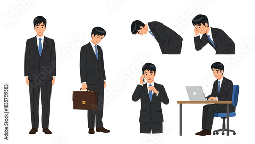 Versatile set of modern Japanese businessman poses showing professional etiquette work communication and daily tasks