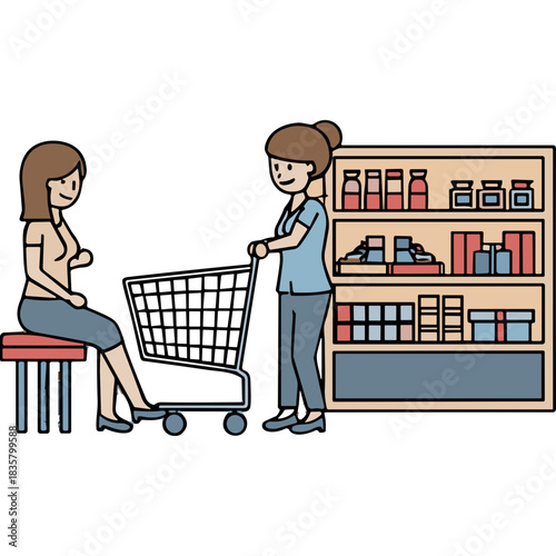Two women interacting in a store aisle with a shopping cart and shelves stocked with products with a neutral background
