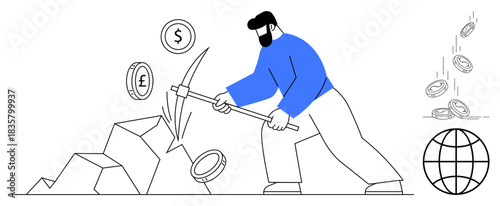 Global economy, cryptocurrency mining, financial growth, international trade, wealth generation, digital finance. Man striking rocks with a pickaxe to extract currencies. Global economy
