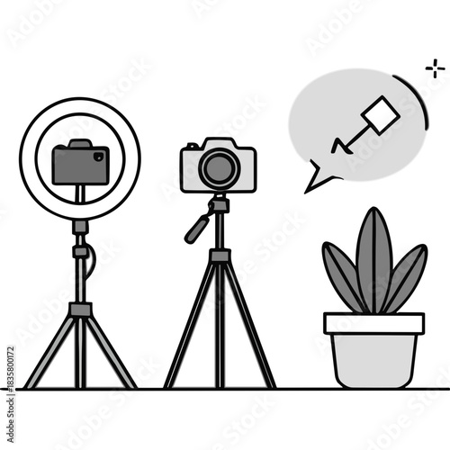 Vector Illustration of a Digital Camera on a Tripod and a Ring Light Setup Adjacent to a Potted Plant with a Speech Bubble Showing a Square and a Diamond Shape on a Black Background
