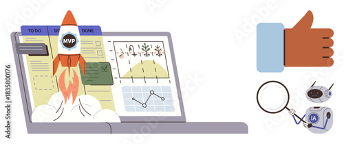 Rocket launching from laptop over productivity dashboard, hand thumbs-up, robot with magnifying glass. Ideal for innovation, success, analytics, teamwork, productivity, startup digital solutions