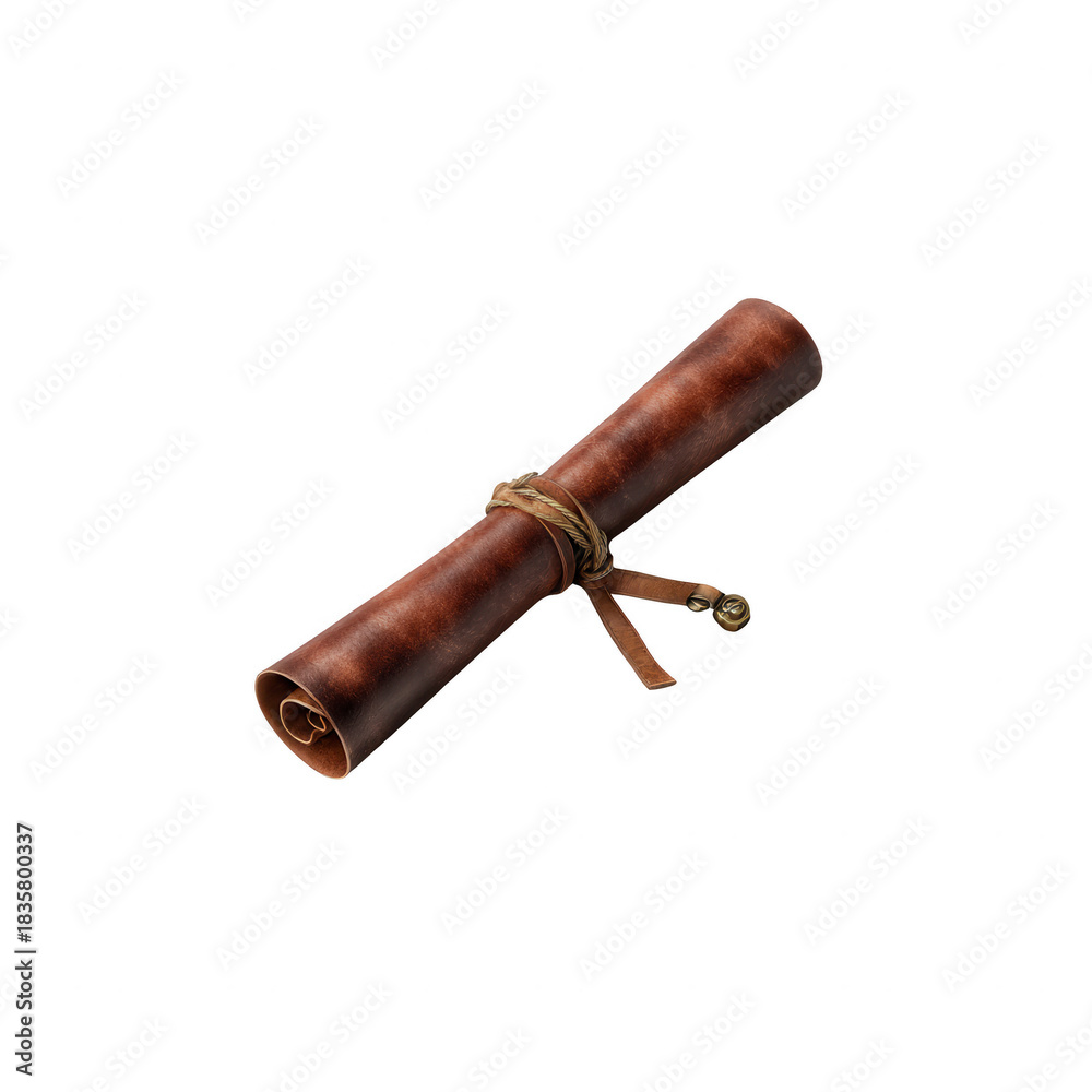 Obraz premium Rolled brown leather scroll tied with twine and brass charm, vintage parchment inside, rustic stationery accessory, cozy warm texture and nostalgic mood