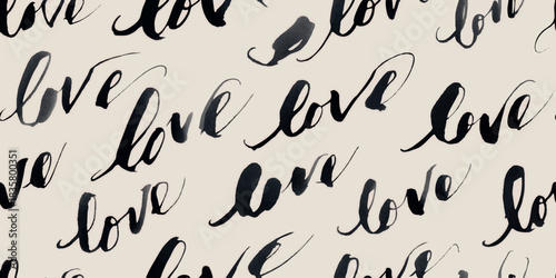 Brush script seamless pattern of the word love in elegant black calligraphy on a soft neutral background for wedding stationery and fabrics.