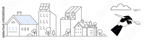 Sustainable architecture. Sustainable features such as solar panels and greenery integrated into buildings. Eco-friendly design promotes renewable energy and urban sustainability. Ideal for green