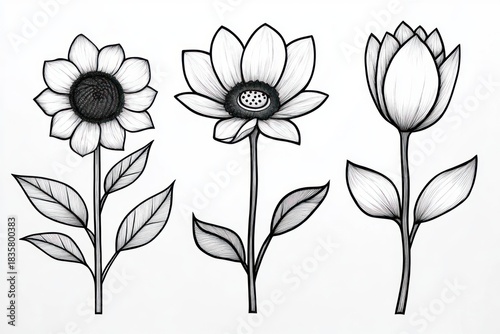 Black and white line art illustration of three different flowers with detailed petals and leaves on a white background