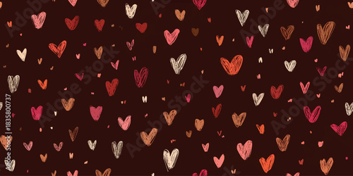 Hand-drawn sketch hearts in warm chocolate and blush tones for design, fabrics, stationery, and romantic packaging.