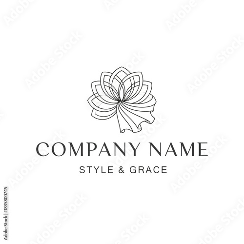 Elegant line art logo with a stylized flower and flowing fabric design for a company named Style  Grace.