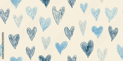 Neutral-toned hand-sketched hearts seamless pattern in muted blue and gray for baby apparel, stationery, and packaging design.