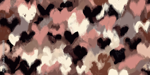 Abstract artistic seamless pattern of textured heart shapes in warm mocha and blush tones for modern design and fabrics.