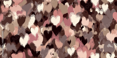 Abstract artistic seamless pattern of textured heart shapes in warm mocha and blush tones for modern design and fabrics.