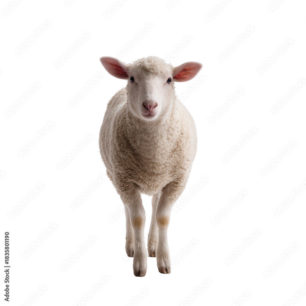 Fototapeta premium Young white lamb facing camera with soft wool and curious expression standing on transparency background, gentle pastoral mood and studio lighting