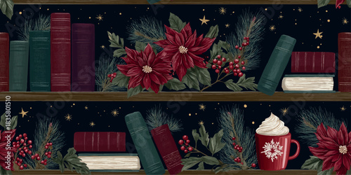 Christmas vector pattern featuring festive poinsettias, hot cocoa, and candy canes on a cozy holiday bookshelf for wrapping paper and textiles.