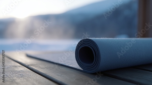 A rolled-up yoga mat lying on a crisp white snow surface outdoors. Concept of winter fitness and outdoor exercise