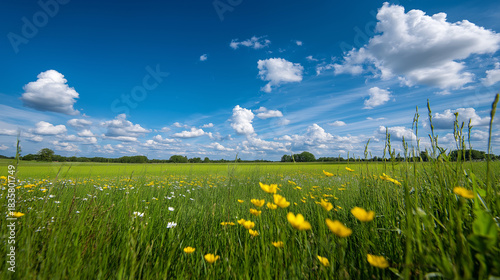 Fototapeta Naklejka Na Ścianę i Meble -  Green meadow with wildflowers under bright blue sky with clouds