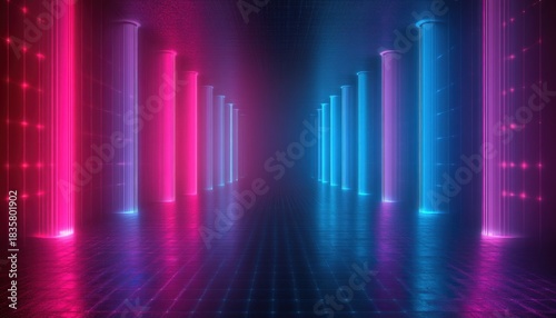 Symmetrical corridor with glowing pink and blue neon pillars and a reflective tiled floor creating a futuristic and mysterious atmosphere
