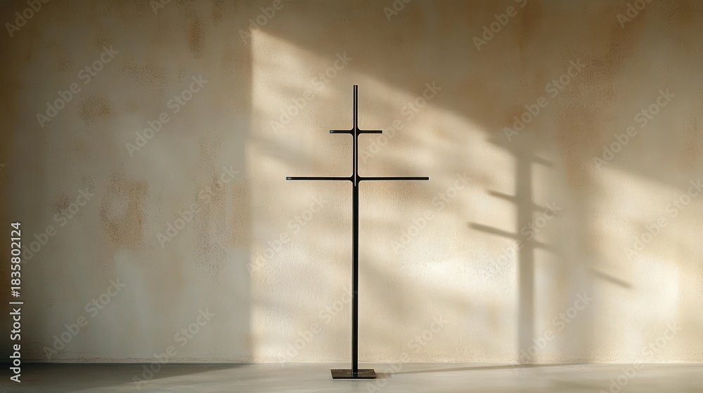 Naklejka premium Minimalist metal cross sculpture standing on a smooth floor casting soft shadows on a textured beige wall with warm sunlight creating a peaceful atmosphere