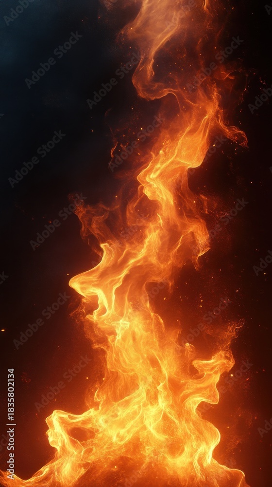 Fototapeta premium Vivid bright orange and yellow flames twisting and writhing upwards with glowing embers against a dark background evoking intense heat and dynamic energy