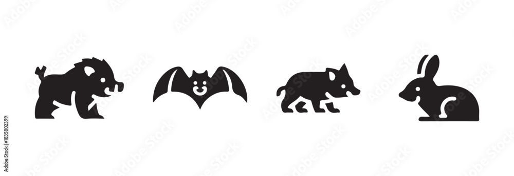 Obraz premium Collection of woodland animals in simple flat black icon style including boar, bat, small boar, and rabbit