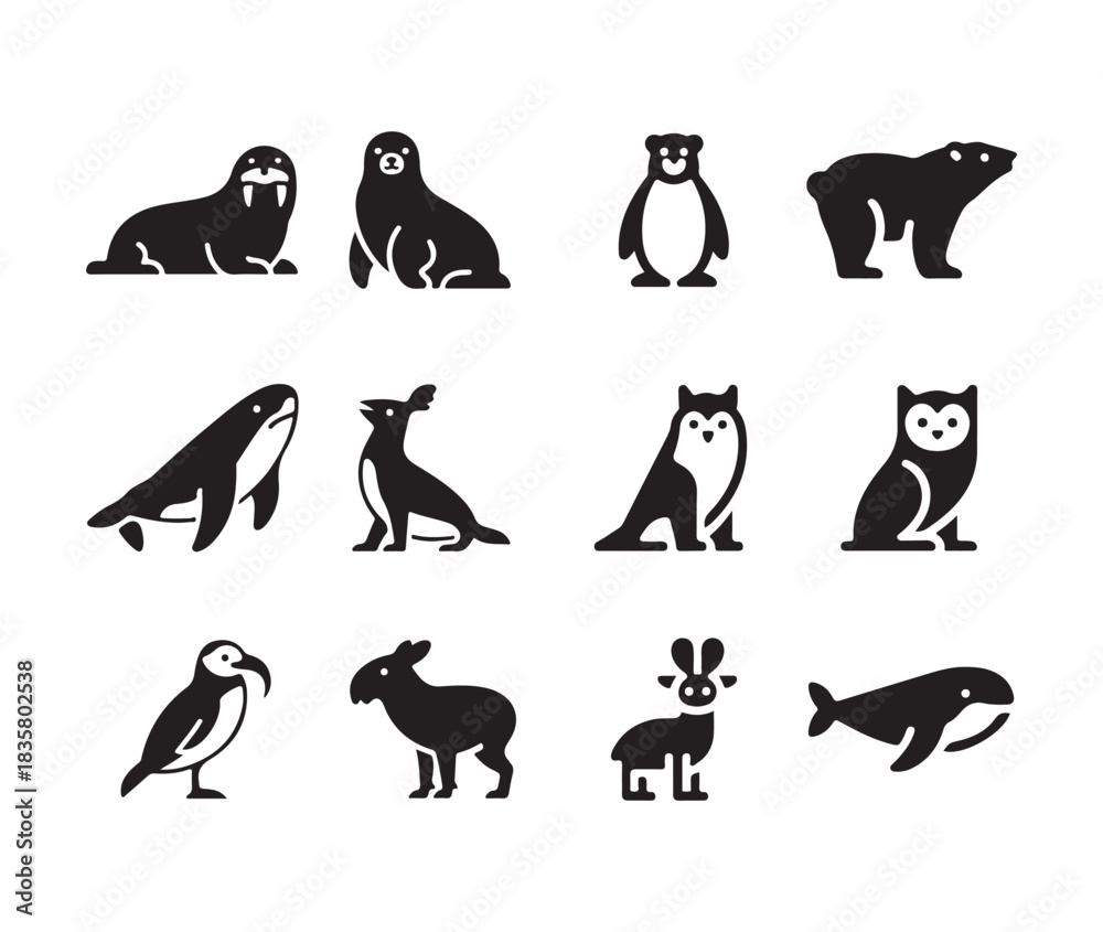 Obraz premium Collection of twelve distinct black and white icons representing various arctic and northern animals wildlife set