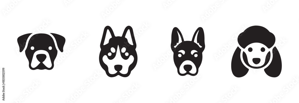 Fototapeta premium Collection of four distinct black and white dog breed vector icons on a clean white background