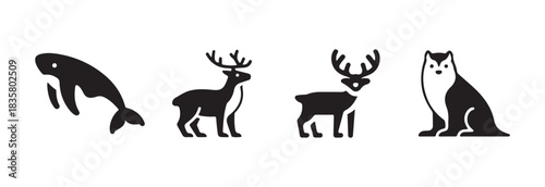 Four black vector icons of arctic animals: a whale, two deer or reindeer, and a sitting husky dog