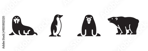 Collection of four arctic animal icons featuring a walrus, penguin, another walrus, and a polar bear