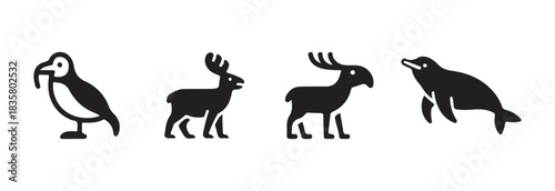 Set of four simple black and white icons depicting arctic and northern animals on a clean white background
