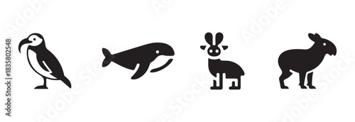 Set of four diverse black and white icons depicting various arctic and northern animals wildlife set on white