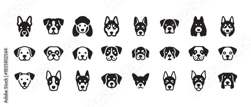 Dog breeds collection, cute cartoon character faces, simple pet head icons set, graphic animal vector illustration
