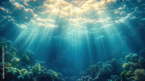 Wallpaper Mural Sunlight penetrating through clear ocean water illuminating a vibrant coral reef underwater scene Torontodigital.ca